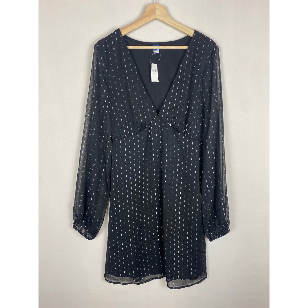 Old Navy Womens XL Tall Black Silver Metallic Swiss Dot V-Neck Mini Dress NWT - Picture 3 of 8